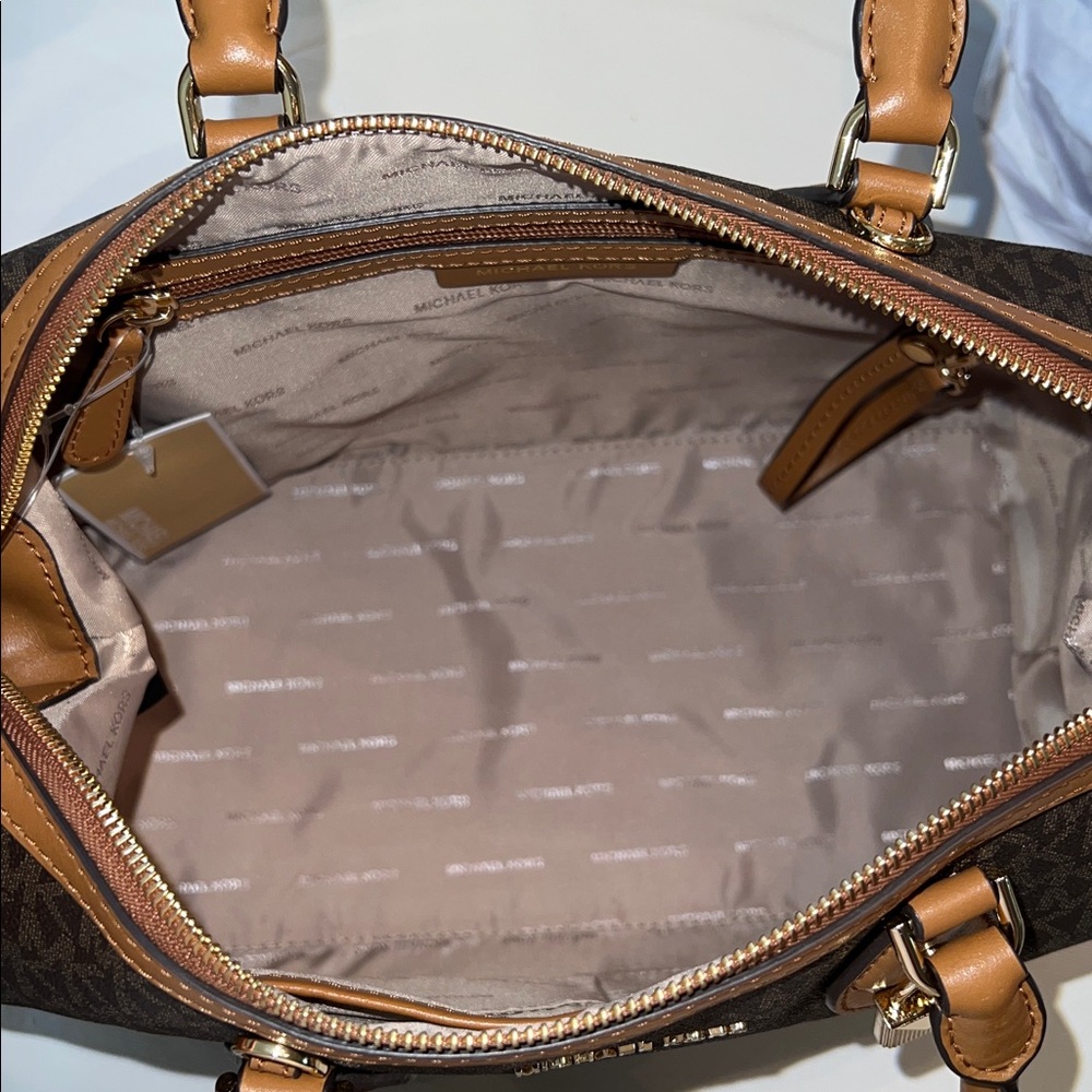 Michael Kors Brown Monogram Satchel with Tan Handles - Picture 5 of 12